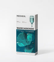 ProtoClinical k-beauty MEDIHEAL Madecassoside Essential Mask Blemish Repair 24ml X 10ea single pale blue sheet mask package standing upright on a light background