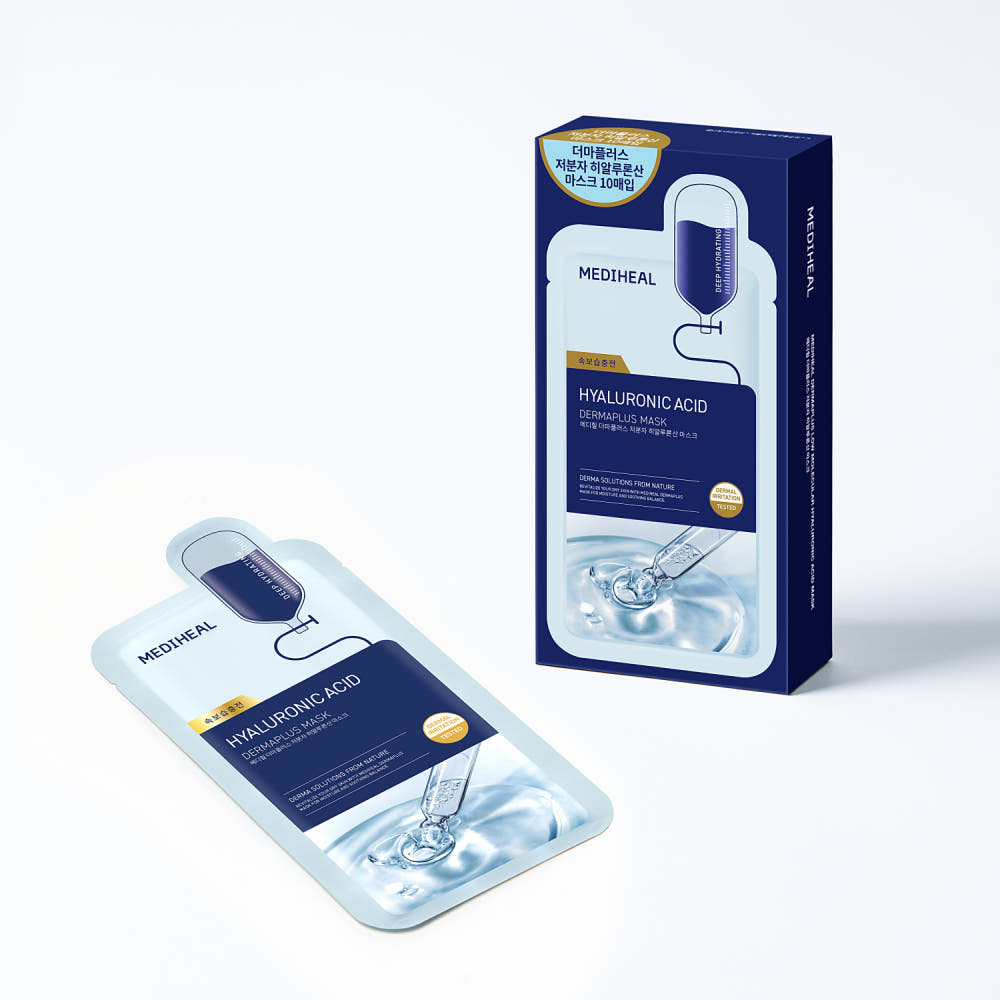 ProtoClinical k-beauty MEDIHEAL Dermaplus Low Molecular Hyaluronic Acid Mask 22ml X 10ea blue mask box standing beside a matching sheet mask packet on a light gray background