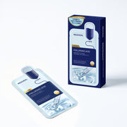 ProtoClinical k-beauty MEDIHEAL Dermaplus Low Molecular Hyaluronic Acid Mask 22ml X 10ea blue mask box standing beside a matching sheet mask packet on a light gray background