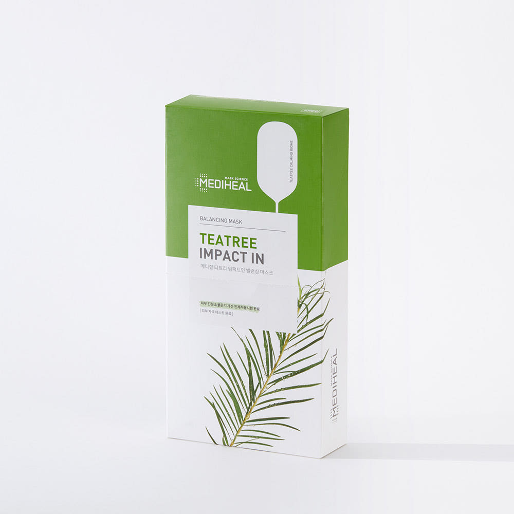 ProtoClinical k-beauty MEDIHEAL Teatree Impact In Balancing Mask 24ml X 10ea single mask pouch centered upright with a small label panel on a pale background