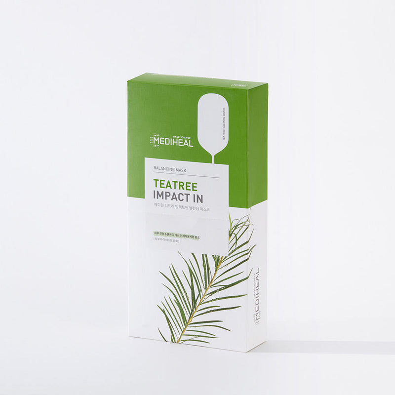 ProtoClinical k-beauty MEDIHEAL Teatree Impact In Balancing Mask 24ml X 10ea single mask pouch centered upright with a small label panel on a pale background