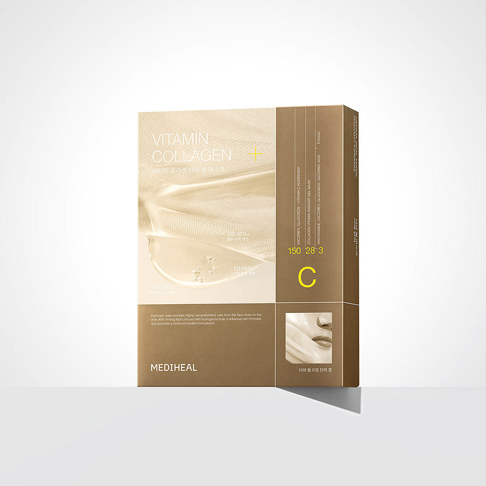 ProtoClinical k-beauty MEDIHEAL Derma Seal Mask Vitamin Collagen 28ml X 10ea single mask pouch centered upright on a pale background