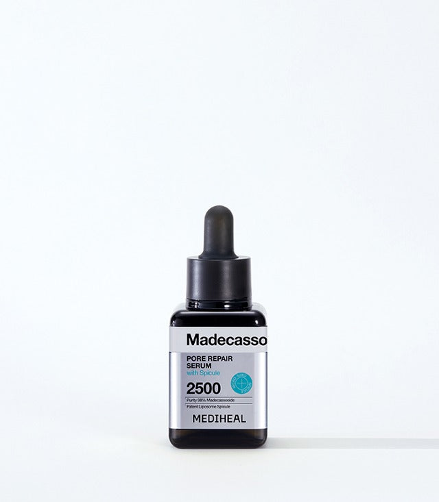 MEDIHEAL Madecassoside Pore Repair Serum 40ml by ProtoClinical shown in a front-facing serum packshot on a clean white background, highlighting the bottle and branded packaging for a k-beauty skincare routine.