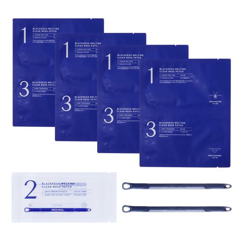 ProtoClinical k-beauty MEDIHEAL Blackhead Melting Clear Nose Patch 4P single dark blue nose patch package centered upright on a pale blue background