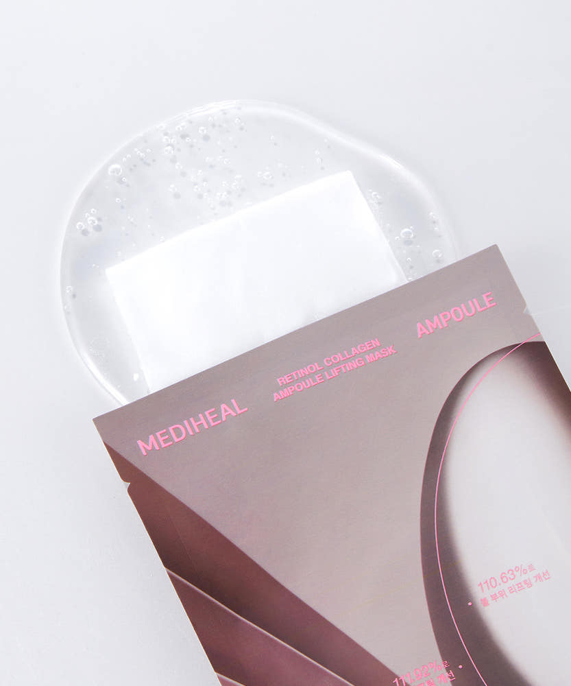 ProtoClinical k-beauty MEDIHEAL Retinol Collagen Ampoule Lifting Mask 30ml X 10ea shown with one lavender mask pouch beside a matching product box on a pale background