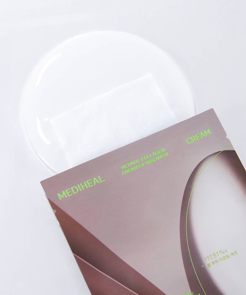 ProtoClinical k-beauty MEDIHEAL Retinol Collagen Cream Lifting Mask 30ml X 10ea shown with one pale gray mask pouch beside a matching product box on a light background