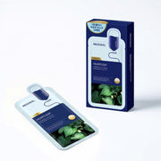 ProtoClinical k-beauty MEDIHEAL Dermaplus Heartleaf Mask 22ml X 10ea shown with one light blue sheet mask pouch beside a matching navy box with green leaf artwork on a white background