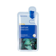 ProtoClinical k-beauty MEDIHEAL Dermaplus Heartleaf Mask 22ml X 10ea in a single light blue pouch with a navy label, green leaf artwork, and a white background