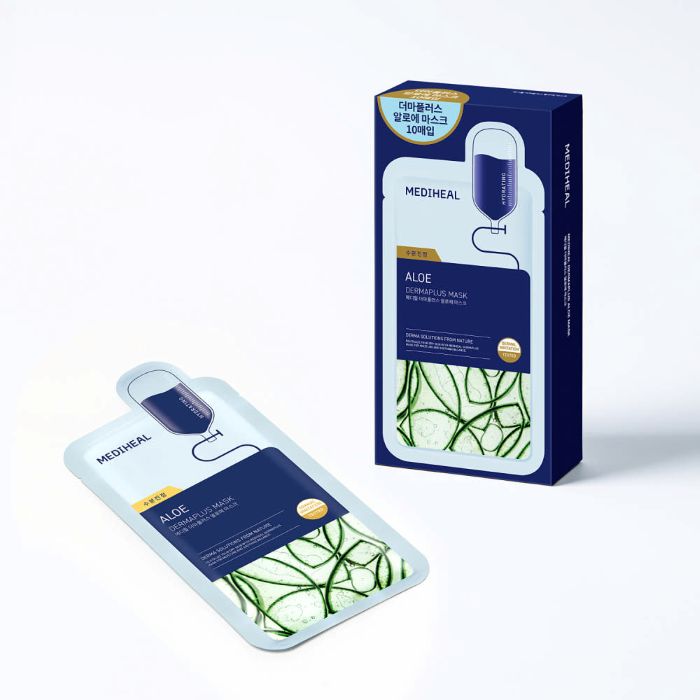 ProtoClinical k-beauty MEDIHEAL Dermaplus Aloe Mask 22ml X 10ea shown with one mask pouch beside a matching product box on a pale background