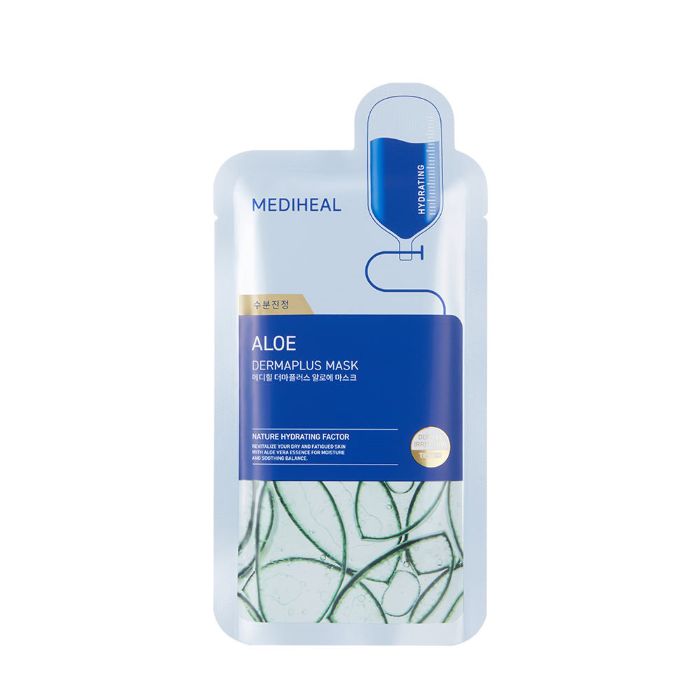 ProtoClinical k-beauty MEDIHEAL Dermaplus Aloe Mask 22ml X 10ea single mask pouch centered upright on a pale background