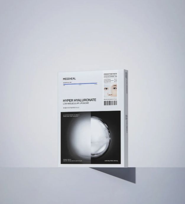 ProtoClinical k-beauty MEDIHEAL Hyper Hyaluronate Gel Mask 34g X 4ea single dark gray mask pouch centered upright on a pale gray-blue background