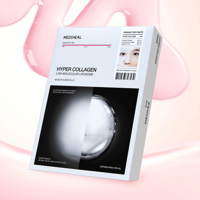 ProtoClinical k-beauty MEDIHEAL Hyper Collagen Gel Mask 35ml X 10ea with multiple dark gray rectangular packages arranged side by side on a pale pink background