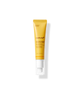 ProtoClinical k-beauty medicube Kojic Acid Turmeric Vita Eye Gel Serum 30ml in a single upright yellow eye serum tube with a white pump base on a transparent background
