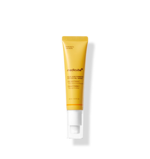 ProtoClinical k-beauty medicube Kojic Acid Turmeric Vita Eye Gel Serum 30ml in a single upright yellow eye serum tube with a white pump base on a transparent background