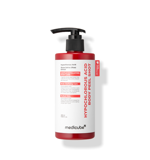 ProtoClinical k-beauty MEDICUBE: Hypochlorous Acid Body Peel Shot (280ml) shown as a single upright red bottle with a white label on a plain background