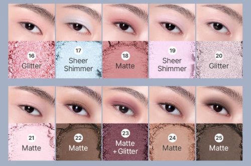 3CE XL Eyeshadow Palette 17g #MOOD SHIFTER by ProtoClinical shown in a mauve k-beauty eyeshadow palette detail graphic with soft horizontal bands on a light background.