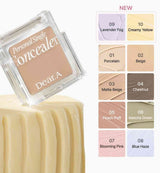 ProtoClinical k-beauty Dear.A Personal Single Concealer 1.8g (10colors) single tilted square concealer compact beside a 10-shade grid on a white background with a yellow pedestal