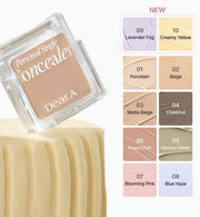 ProtoClinical k-beauty Dear.A Personal Single Concealer 1.8g (10colors) single tilted square concealer compact beside a 10-shade grid on a white background with a yellow pedestal
