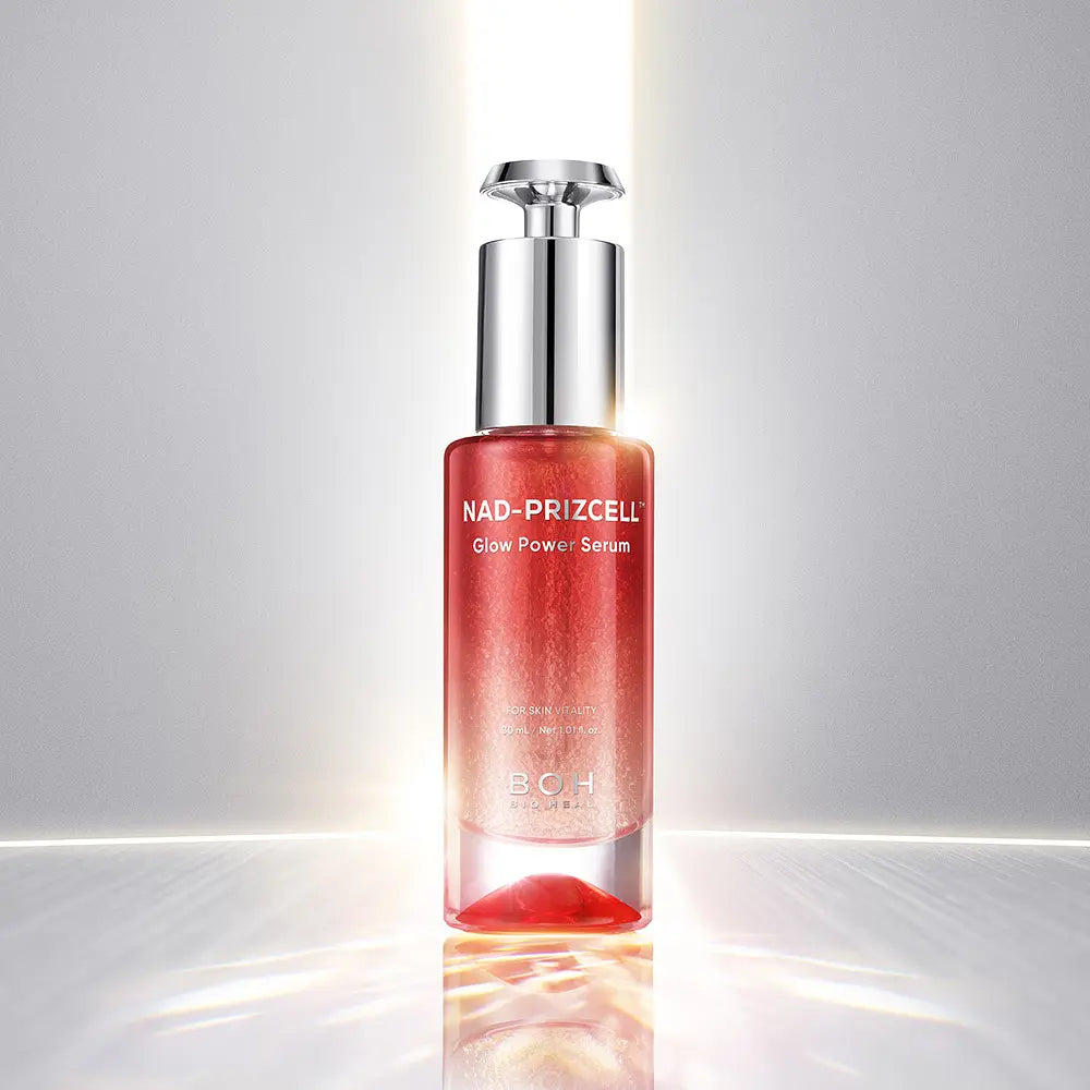ProtoClinical k-beauty [BIO HEAL BOH] NAD-PRIZCELL Glow Power Serum 30ml single upright pale serum bottle centered on a light background with cool blue side shading