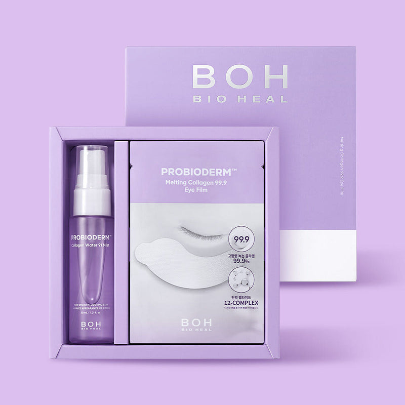 ProtoClinical k-beauty makeup product packaging in soft lavender tones on a light background.