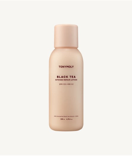 ProtoClinical k-beauty TONYMOLY Black Tea Intense Repair Lotion 200ml single tall beige lotion bottle centered on a pale blue and white background