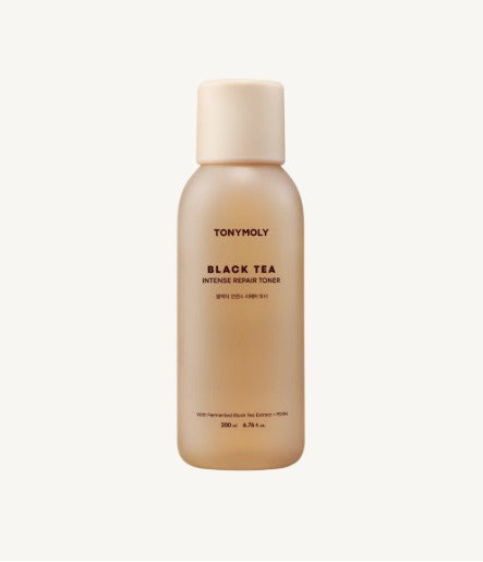 ProtoClinical k-beauty TONYMOLY Black Tea Intense Repair Toner 200ml single tall beige toner bottle centered on a pale blue and white background