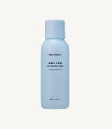 ProtoClinical k-beauty TONYMOLY Azulene Anti Blemish Toner 200ml single upright pale blue toner bottle centered on a soft white and peach background.