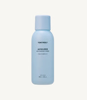 ProtoClinical k-beauty TONYMOLY Azulene Anti Blemish Toner 200ml single upright pale blue toner bottle centered on a soft white and peach background.