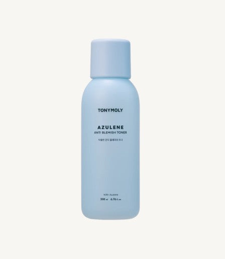ProtoClinical k-beauty TONYMOLY Azulene Anti Blemish Toner 200ml single upright pale blue toner bottle centered on a soft white and peach background.