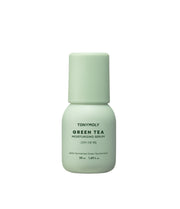 ProtoClinical k-beauty TONYMOLY Green Tea Moisturizing Serum 50ml single upright light green serum bottle centered on a soft white and blush background.