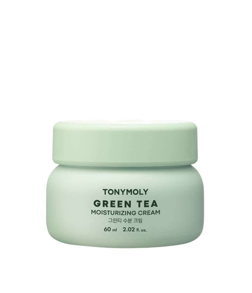 ProtoClinical k-beauty TONYMOLY Green Tea Moisturizing Cream 50ml single light green cream jar centered on a soft white and blush background.