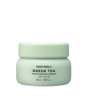 ProtoClinical k-beauty TONYMOLY Green Tea Moisturizing Cream 50ml single light green cream jar centered on a soft white and blush background.