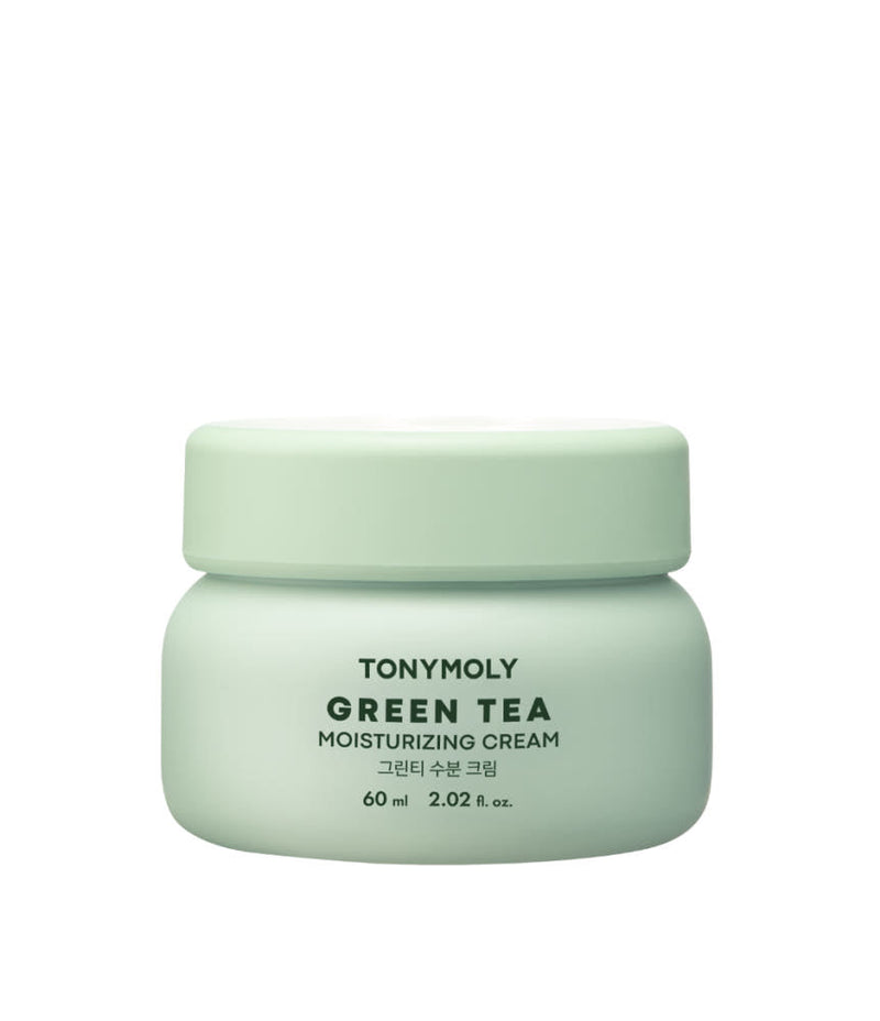 ProtoClinical k-beauty TONYMOLY Green Tea Moisturizing Cream 50ml single light green cream jar centered on a soft white and blush background.