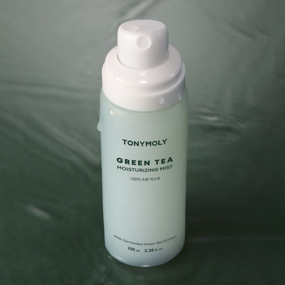 ProtoClinical k-beauty TONYMOLY Green Tea Moisturizing Mist 100ml dark green bottle graphic with a light centered label area