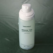 ProtoClinical k-beauty TONYMOLY Green Tea Moisturizing Mist 100ml dark green bottle graphic with a light centered label area