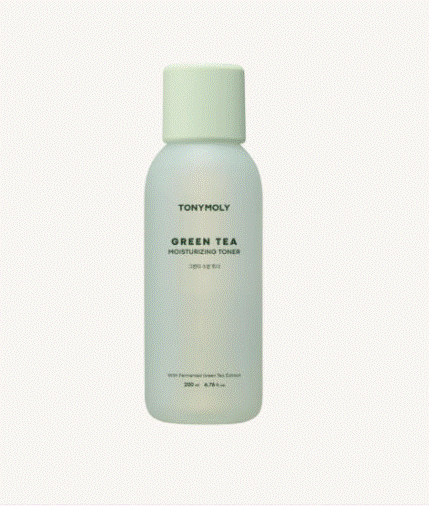 ProtoClinical k-beauty TONYMOLY Green Tea Moisturizing Toner 200ml single upright light green toner bottle centered on a soft white background.