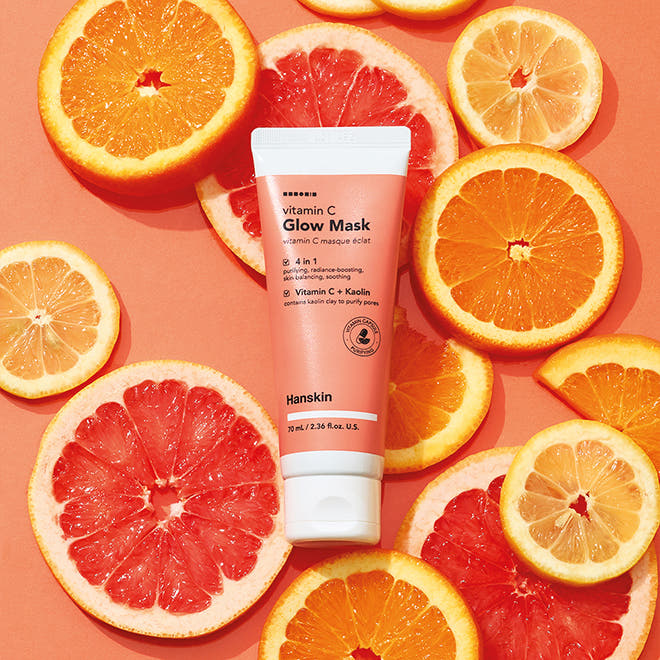 ProtoClinical k-beauty Hanskin Vitamin C Glow Mask 70ml square mask packaging graphic with warm yellow and white tones on a light background