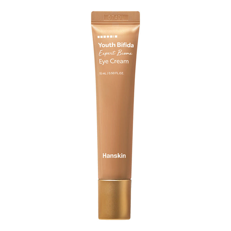 ProtoClinical k-beauty Hanskin Youth Bifida Expert Biome Eye Cream 15ml single upright beige package centered on a pale cream and blue background.