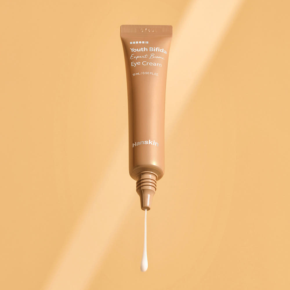 ProtoClinical k-beauty Hanskin Youth Bifida Expert Biome Eye Cream 15ml single upright beige package centered on a soft neutral background