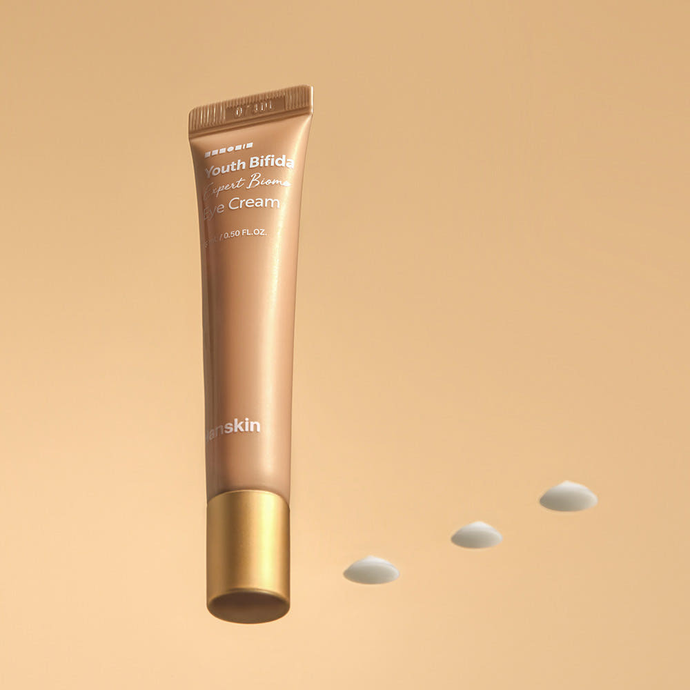 ProtoClinical k-beauty Hanskin Youth Bifida Expert Biome Eye Cream 15ml single upright beige package centered on a soft neutral background