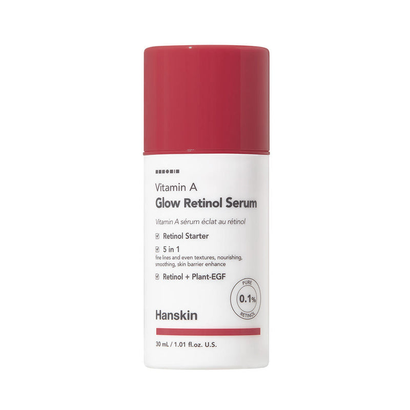 ProtoClinical k-beauty Hanskin Vitamin A Glow Retinol Serum 30ml in a single pink serum bottle with a dark dropper cap, centered upright on a white background with pale blue corner accents