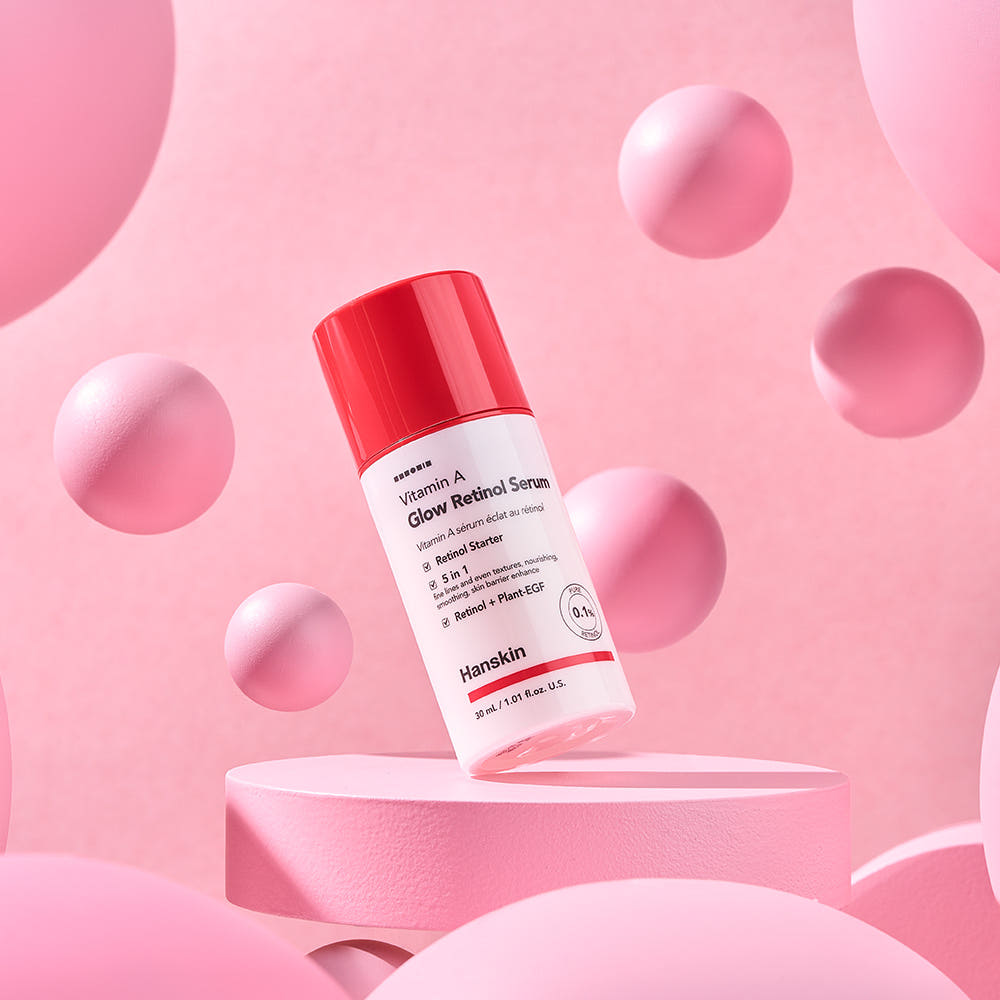 ProtoClinical k-beauty Hanskin Vitamin A Glow Retinol Serum 30ml single pink serum bottle with a dark dropper cap centered on a light background