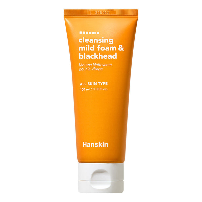ProtoClinical k-beauty Hanskin Cleansing Mild Foam & Blackhead 100ml single upright golden cleanser package centered on a pale blue and white background.