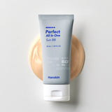 ProtoClinical k-beauty Hanskin Perfect All In One Sun BB SPF50+ PA++++ 50ml single upright beige sun BB tube centered on a pale cream and blue background