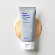 ProtoClinical k-beauty Hanskin Perfect All In One Sun BB SPF50+ PA++++ 50ml single upright beige sun BB tube centered on a pale cream and blue background