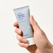 ProtoClinical k-beauty Hanskin Perfect All In One Sun BB SPF50+ PA++++ 50ml single upright beige sun BB tube centered on a pale cream and blue background.