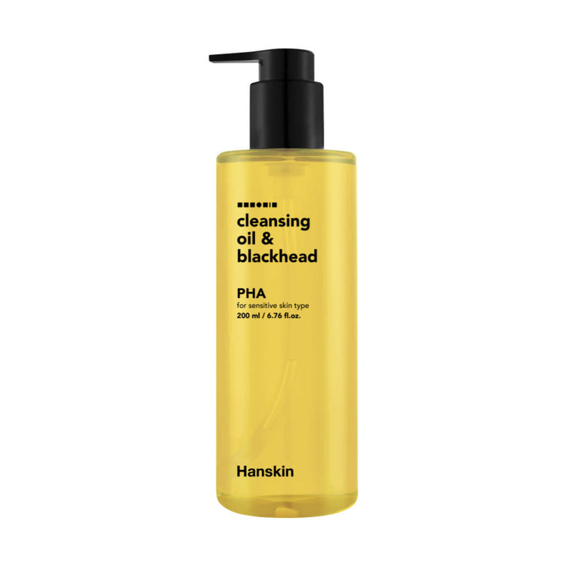 ProtoClinical k-beauty Hanskin Cleansing Oil & Blackhead PHA 200ml single upright olive cleansing oil bottle centered on a white background with pale blue accents