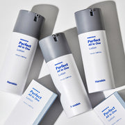 ProtoClinical k-beauty Hanskin Perfect All In One Lotion 115ml with a tall gray lotion bottle on the left, a soft gray side panel, and a pale gray and white background