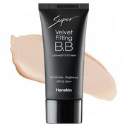 ProtoClinical k-beauty Hanskin Super Velvet Fitting BB Cream SPF35 PA++ 30g single upright dark BB cream tube centered on a pale background with soft beige side accents.