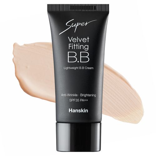 ProtoClinical k-beauty Hanskin Super Velvet Fitting BB Cream SPF35 PA++ 30g single upright dark BB cream tube centered on a pale background with soft beige side accents.